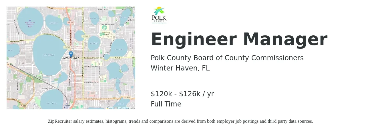 Polk County Board of County Commissioners job posting for a Engineer Manager in Winter Haven, FL with a salary of $120,000 to $126,547 Yearly with a map of Winter Haven location.