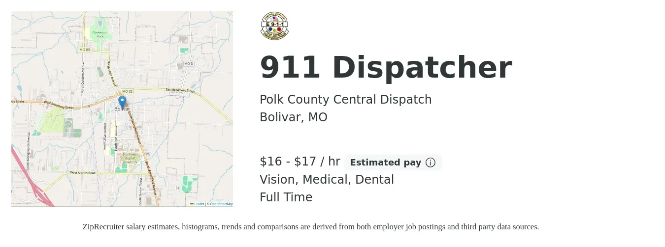 Polk County Central Dispatch job posting for a 911 Dispatcher in Bolivar, MO with a salary of $17 to $19 Hourly and benefits including dental, life_insurance, medical, pto, retirement, and vision with a map of Bolivar location.