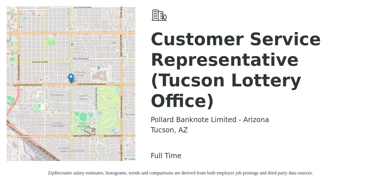 Pollard Banknote Limited - Arizona job posting for a Customer Service Representative (Tucson Lottery Office) in Tucson, AZ with a salary of $15 to $21 Hourly with a map of Tucson location.