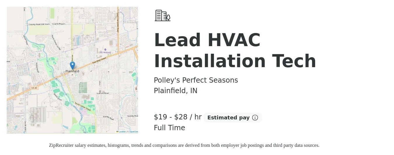 Polley's Perfect Seasons job posting for a Lead HVAC Installation Tech in Plainfield, IN with a salary of $20 to $30 Hourly with a map of Plainfield location.