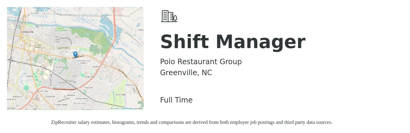 Polo Restaurant Group job posting for a Shift Manager in Greenville, NC with a salary of $14 to $18 Hourly with a map of Greenville location.
