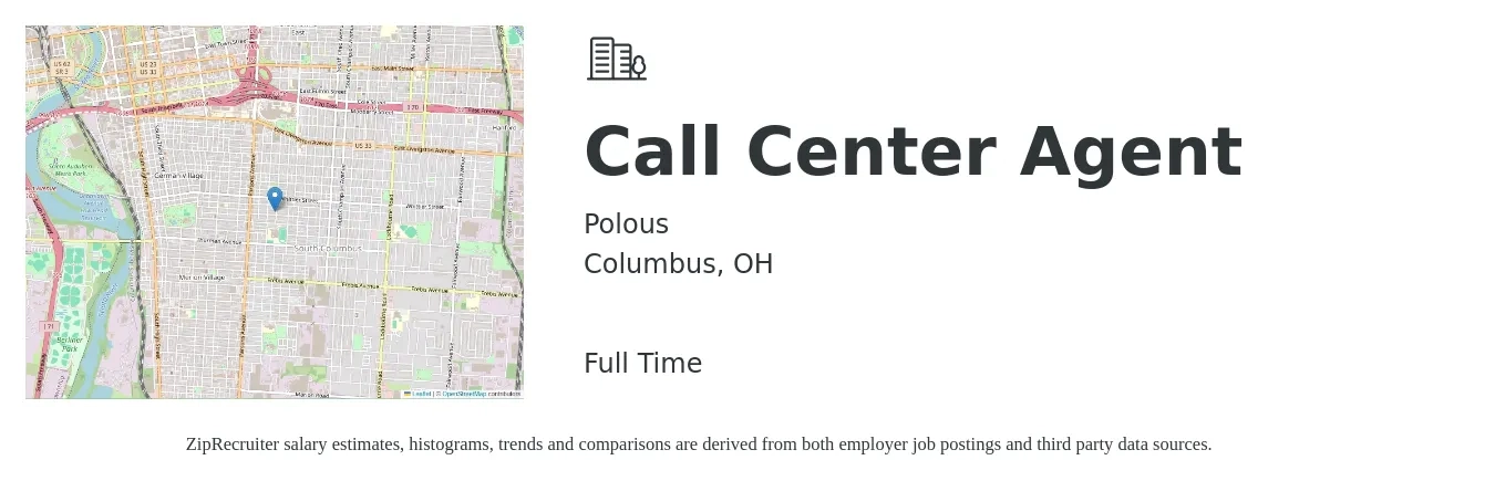 Polous job posting for a Call Center Agent in Columbus, OH with a salary of $14 to $19 Hourly with a map of Columbus location.