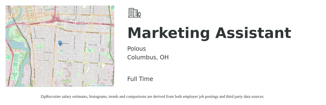Polous job posting for a Marketing Assistant in Columbus, OH with a salary of $38,600 to $48,800 Yearly with a map of Columbus location.
