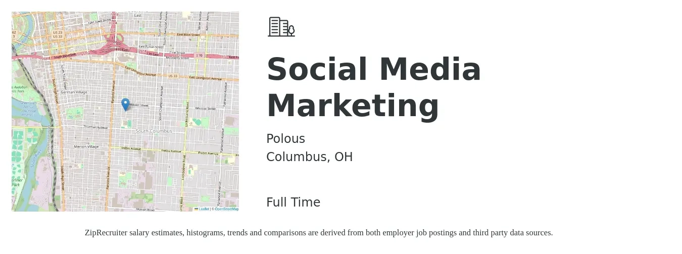 Polous job posting for a Social Media Marketing in Columbus, OH with a salary of $40,600 to $59,900 Yearly with a map of Columbus location.