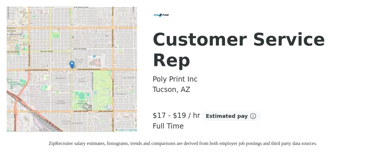 Poly Print Inc job posting for a Customer Service Rep in Tucson, AZ with a salary of $18 to $20 Hourly with a map of Tucson location.