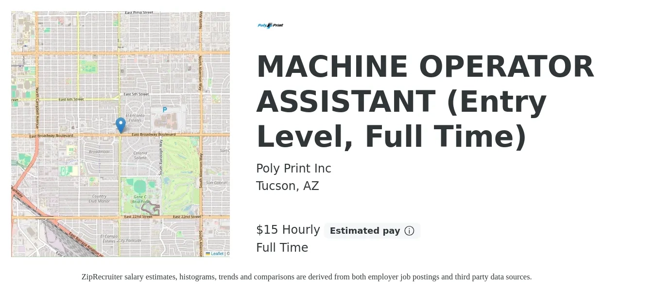 Poly Print Inc job posting for a MACHINE OPERATOR ASSISTANT (Entry Level, Full Time) in Tucson, AZ with a salary of $16 Hourly with a map of Tucson location.