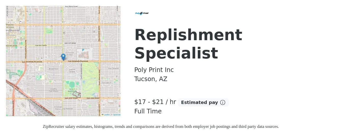 Poly Print Inc job posting for a Replishment Specialist in Tucson, AZ with a salary of $18 to $22 Hourly with a map of Tucson location.