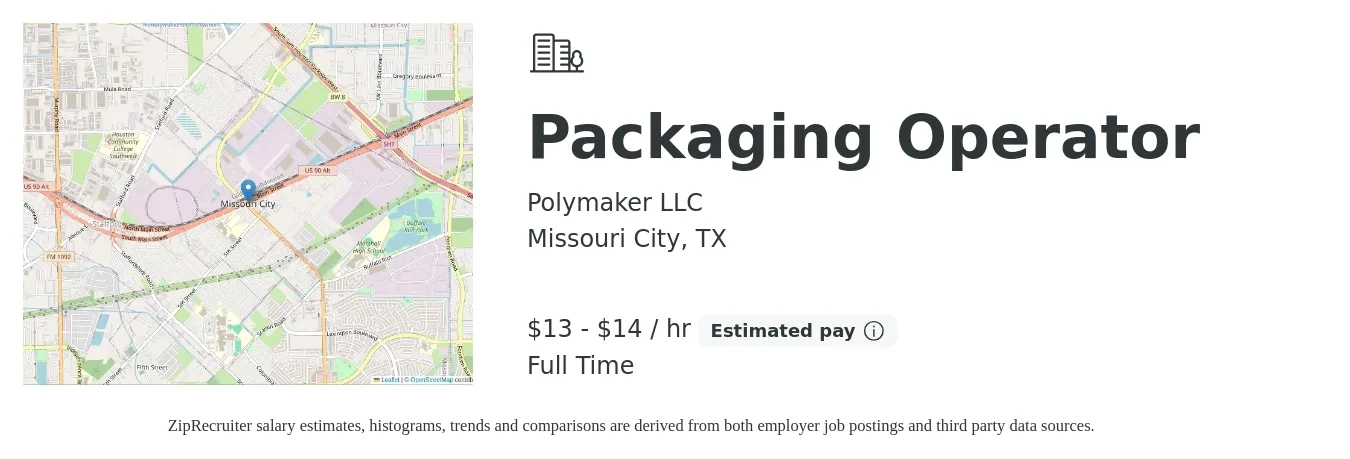 Polymaker LLC job posting for a Packaging Operator in Missouri City, TX with a salary of $14 to $15 Hourly with a map of Missouri City location.