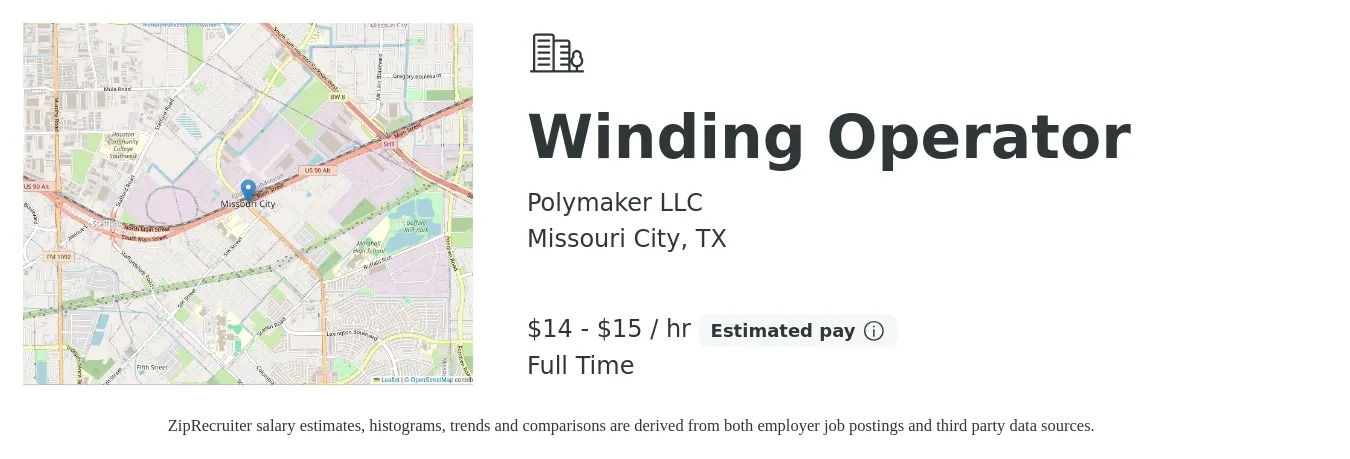 Polymaker LLC job posting for a Winding Operator in Missouri City, TX with a salary of $15 to $16 Hourly with a map of Missouri City location.