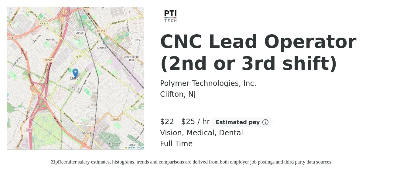 Polymer Technologies, Inc. job posting for a CNC Lead Operator (2nd or 3rd shift) in Clifton, NJ with a salary of $23 to $27 Hourly and benefits including dental, medical, retirement, and vision with a map of Clifton location.