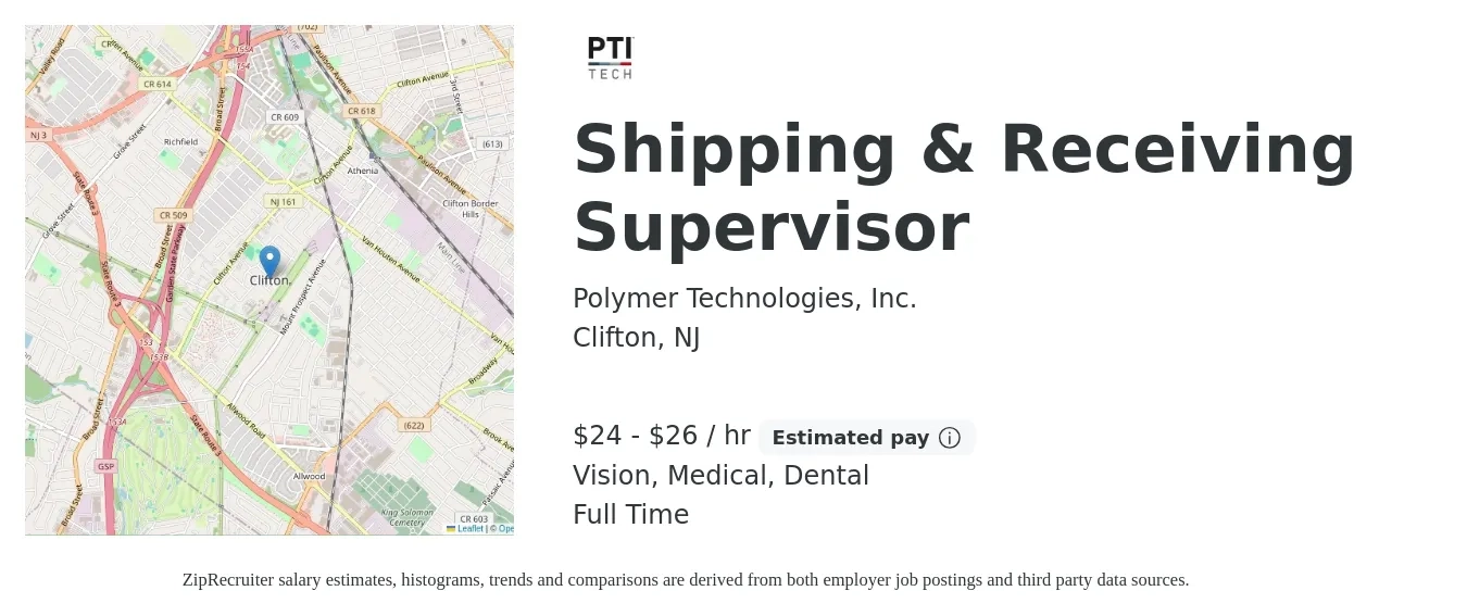 Polymer Technologies, Inc. job posting for a Shipping & Receiving Supervisor in Clifton, NJ with a salary of $25 to $28 Hourly and benefits including dental, medical, and vision with a map of Clifton location.