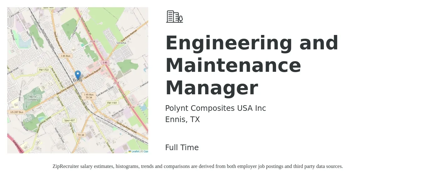 Polynt Composites USA Inc job posting for a Engineering and Maintenance Manager in Ennis, TX with a salary of $69,300 to $117,800 Yearly with a map of Ennis location.