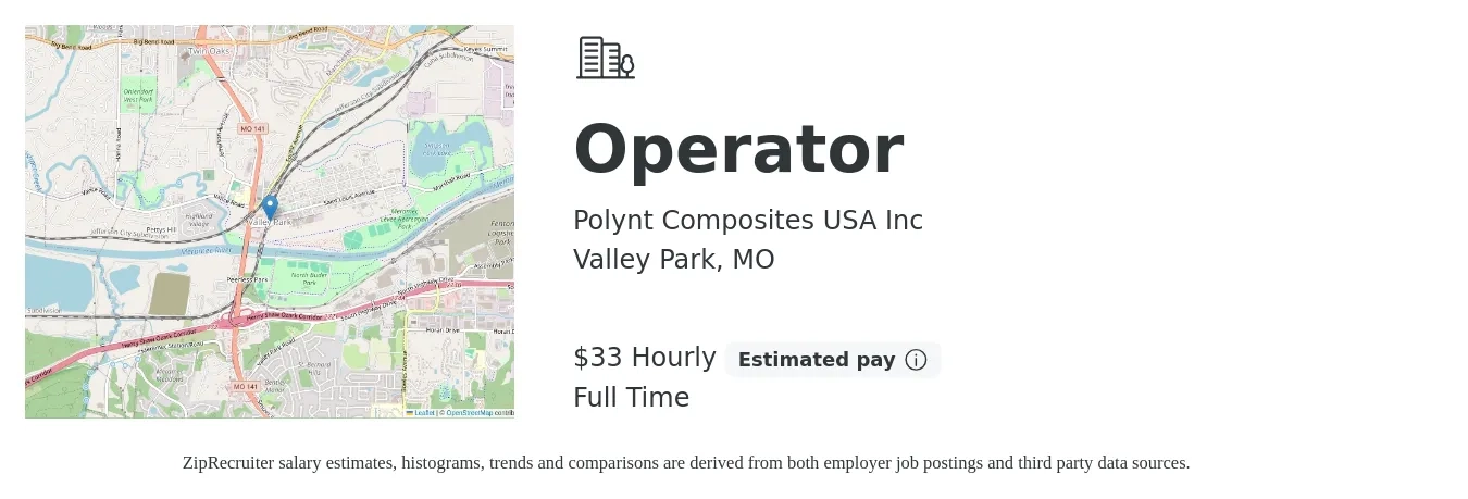 Polynt Composites USA Inc job posting for a Operator in Valley Park, MO with a salary of $35 Yearly with a map of Valley Park location.