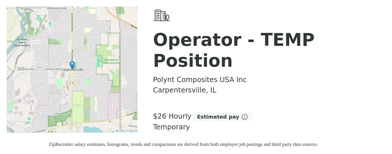Polynt Composites USA Inc job posting for a Operator - TEMP Position in Carpentersville, IL with a salary of $27 Hourly with a map of Carpentersville location.