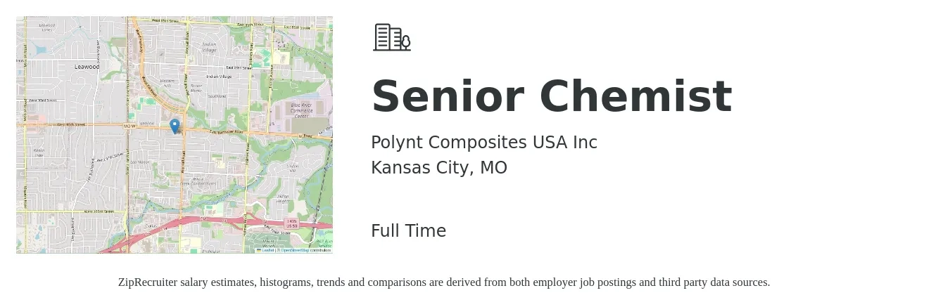 Polynt Composites USA Inc job posting for a Senior Chemist in Kansas City, MO with a salary of $61,900 to $91,000 Yearly with a map of Kansas City location.