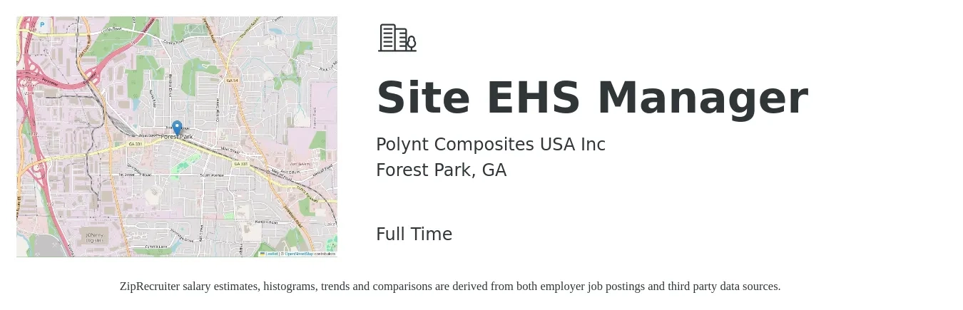 Polynt Composites USA Inc job posting for a Site EHS Manager in Forest Park, GA with a salary of $80,200 to $108,800 Yearly with a map of Forest Park location.