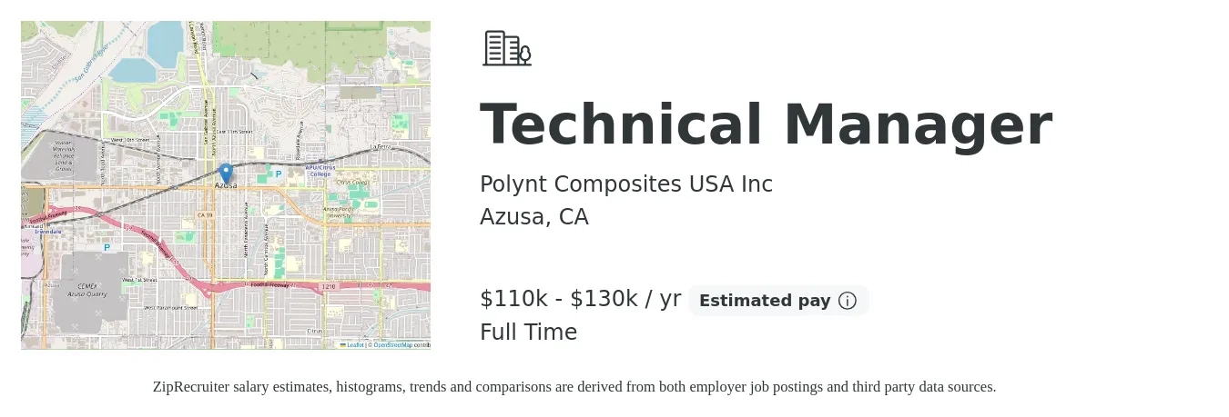 Polynt Composites USA Inc job posting for a Technical Manager in Azusa, CA with a salary of $110,000 to $130,000 Yearly with a map of Azusa location.