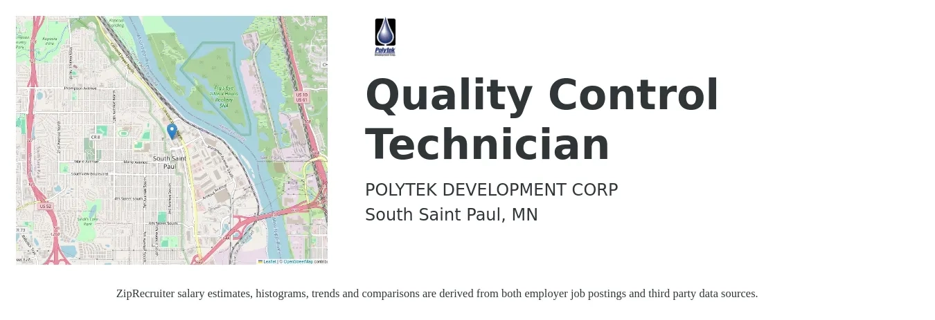 POLYTEK DEVELOPMENT CORP job posting for a Quality Control Technician in South Saint Paul, MN with a salary of $18 to $24 Hourly with a map of South Saint Paul location.