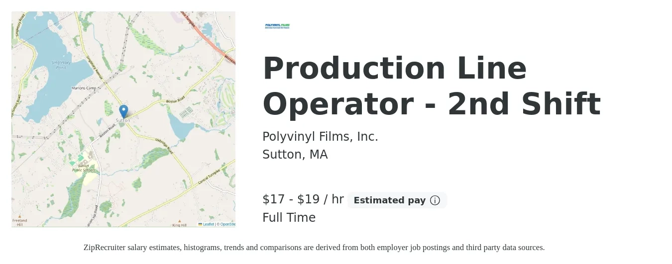 Polyvinyl Films, Inc. job posting for a Production Line Operator - 2nd Shift in Sutton, MA with a salary of $18 to $20 Hourly with a map of Sutton location.