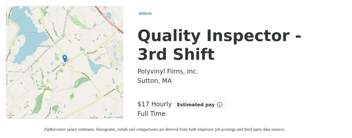 Polyvinyl Films, Inc. job posting for a Quality Inspector - 3rd Shift in Sutton, MA with a salary of $18 Hourly with a map of Sutton location.