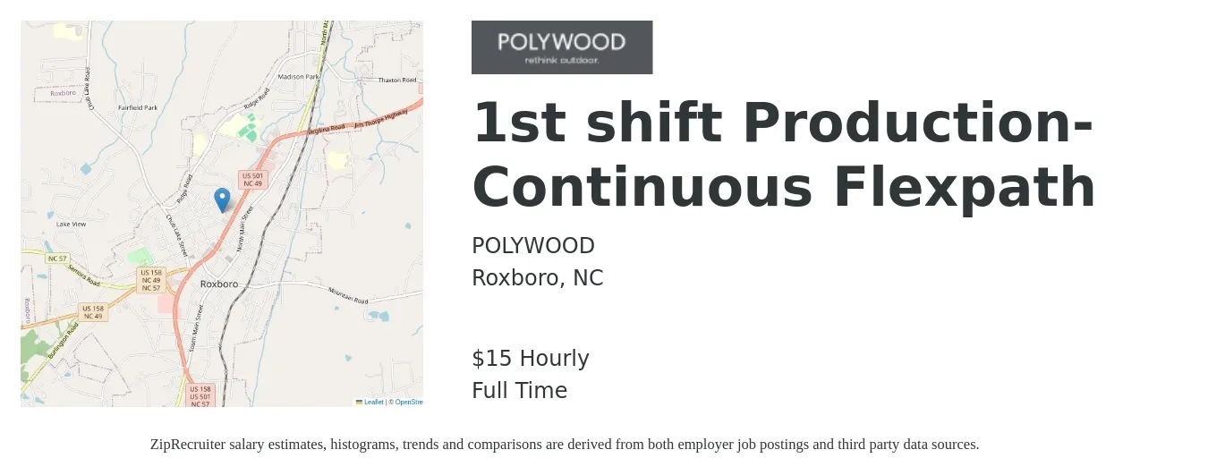 POLYWOOD job posting for a 1st shift Production- Continuous Flexpath in Roxboro, NC with a salary of $16 Hourly with a map of Roxboro location.