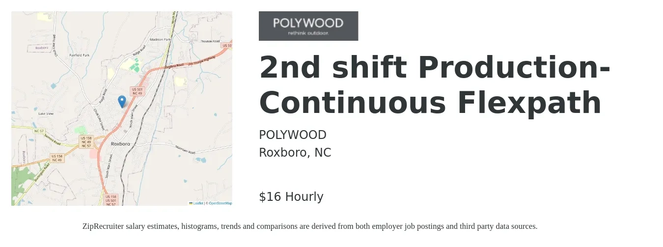 POLYWOOD job posting for a 2nd shift Production- Continuous Flexpath in Roxboro, NC with a salary of $17 Hourly with a map of Roxboro location.