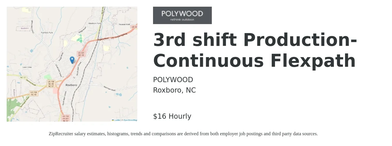 POLYWOOD job posting for a 3rd shift Production- Continuous Flexpath in Roxboro, NC with a salary of $17 Hourly with a map of Roxboro location.