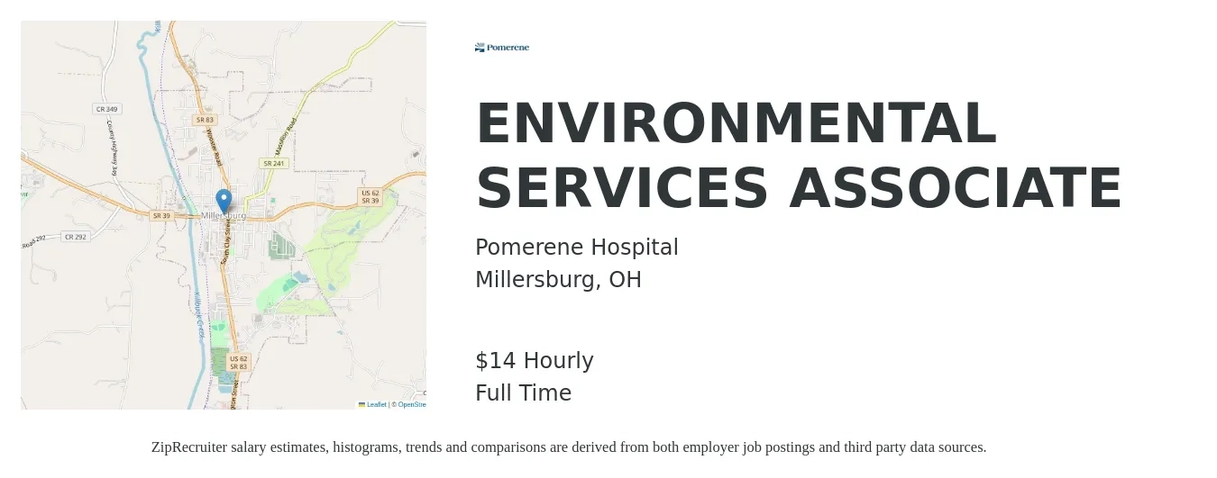 Pomerene Hospital job posting for a ENVIRONMENTAL SERVICES ASSOCIATE in Millersburg, OH with a salary of $15 Hourly with a map of Millersburg location.