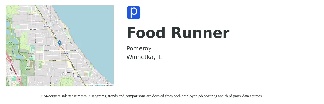 Pomeroy job posting for a Food Runner in Winnetka, IL with a salary of $12 to $18 Hourly with a map of Winnetka location.