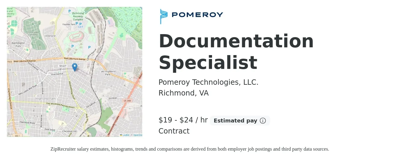 Pomeroy Technologies, LLC. job posting for a Documentation Specialist in Richmond, VA with a salary of $20 to $25 Hourly with a map of Richmond location.