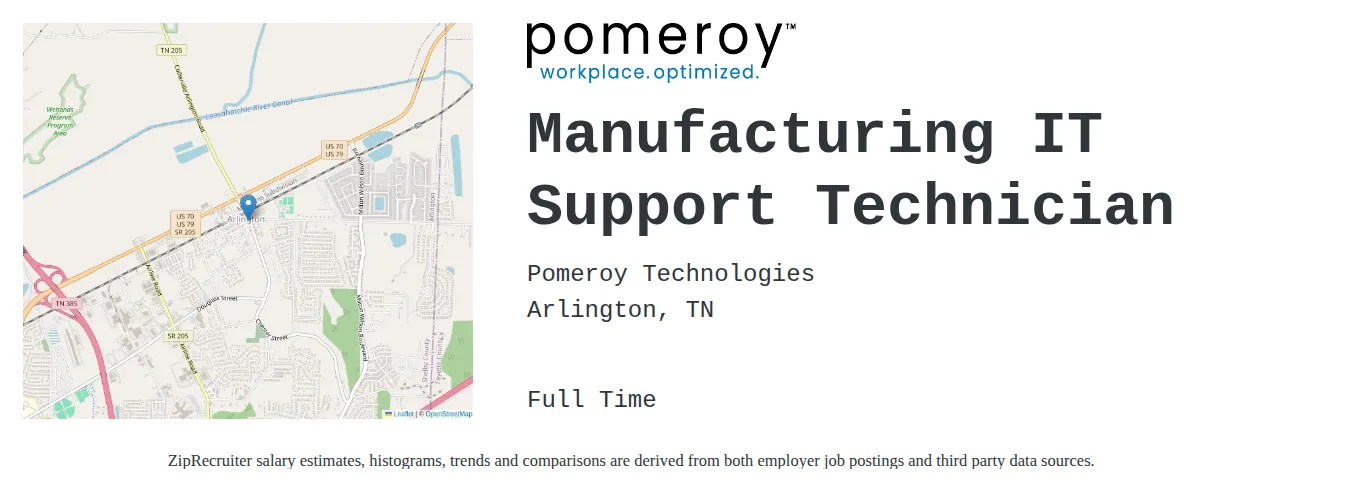 Pomeroy Technologies job posting for a Manufacturing IT Support Technician in Arlington, TN with a salary of $19 to $26 Hourly with a map of Arlington location.