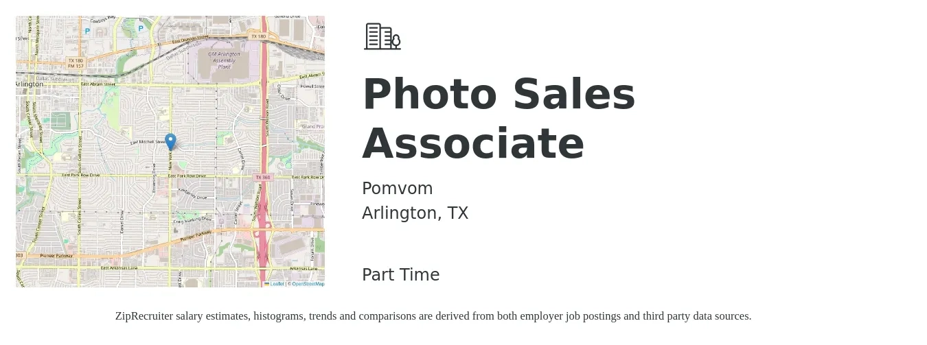 Pomvom job posting for a Photo Sales Associate in Arlington, TX with a salary of $10 to $16 Hourly with a map of Arlington location.