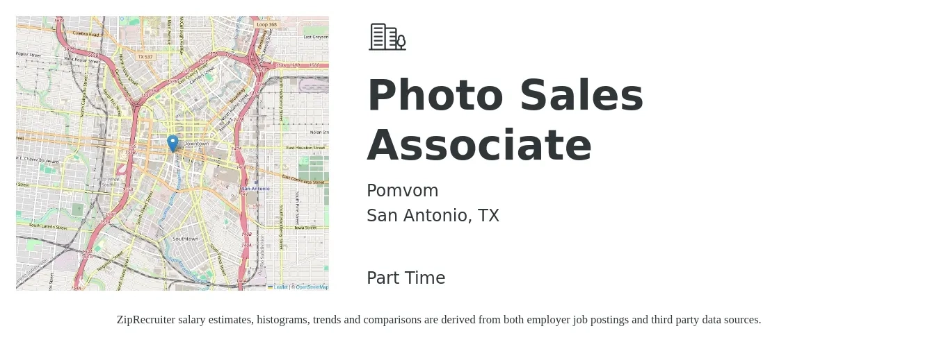 Pomvom job posting for a Photo Sales Associate in San Antonio, TX with a salary of $10 to $16 Hourly with a map of San Antonio location.