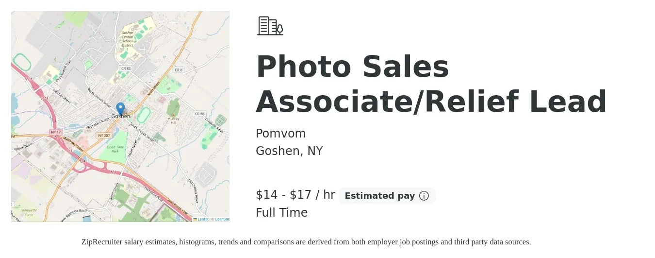 Pomvom job posting for a Photo Sales Associate/Relief Lead in Goshen, NY with a salary of $15 to $18 Hourly with a map of Goshen location.