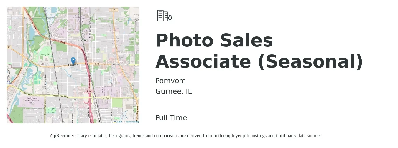 Pomvom job posting for a Photo Sales Associate (Seasonal) in Gurnee, IL with a salary of $11 to $17 Hourly with a map of Gurnee location.