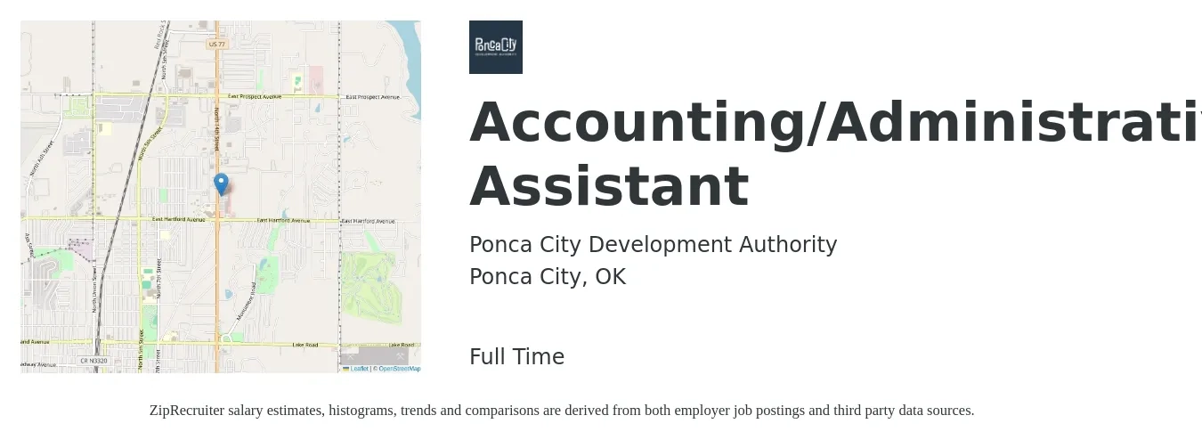 Ponca City Development Authority job posting for a Accounting/Administrative Assistant in Ponca City, OK with a salary of $15 to $19 Hourly with a map of Ponca City location.
