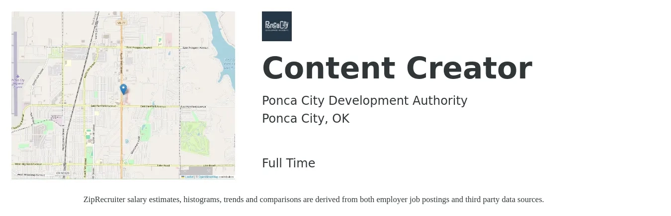 Ponca City Development Authority job posting for a Content Creator in Ponca City, OK with a salary of $21 to $37 Hourly with a map of Ponca City location.
