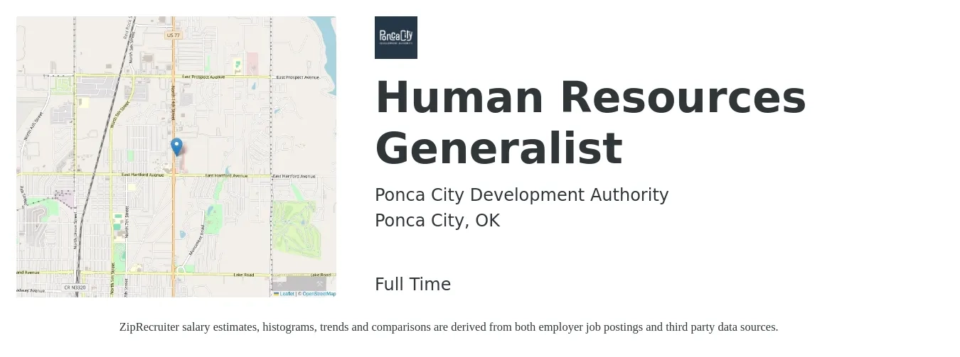 Ponca City Development Authority job posting for a Human Resources Generalist in Ponca City, OK with a salary of $40,800 to $58,000 Yearly with a map of Ponca City location.