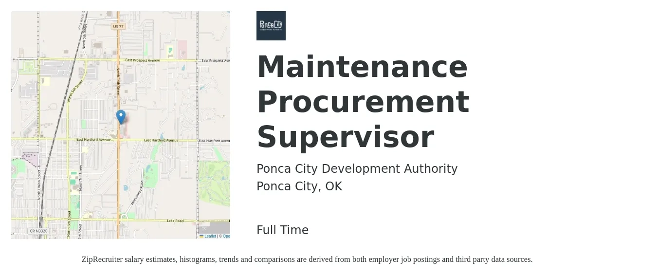 Ponca City Development Authority job posting for a Maintenance Procurement Supervisor in Ponca City, OK with a salary of $19 to $31 Hourly with a map of Ponca City location.