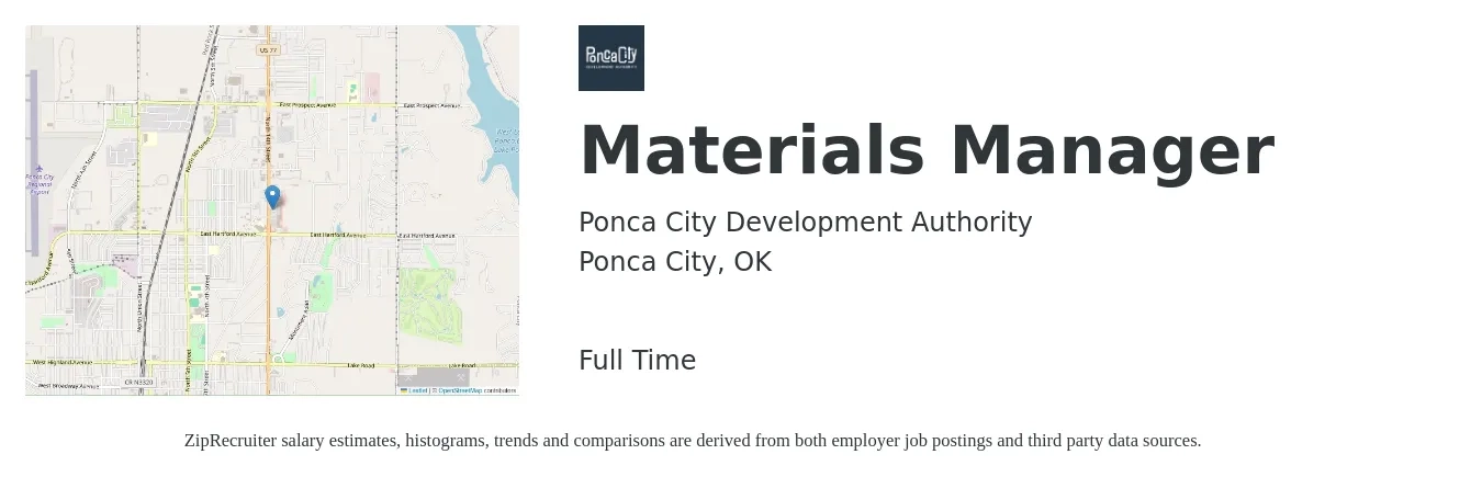 Ponca City Development Authority job posting for a Materials Manager in Ponca City, OK with a salary of $49,400 to $80,800 Yearly with a map of Ponca City location.