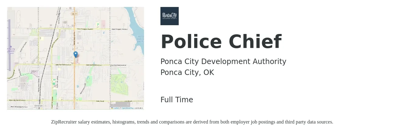 Ponca City Development Authority job posting for a Police Chief in Ponca City, OK with a salary of $78,800 to $129,400 Yearly with a map of Ponca City location.