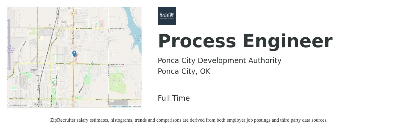 Ponca City Development Authority job posting for a Process Engineer in Ponca City, OK with a salary of $58,400 to $80,800 Yearly with a map of Ponca City location.