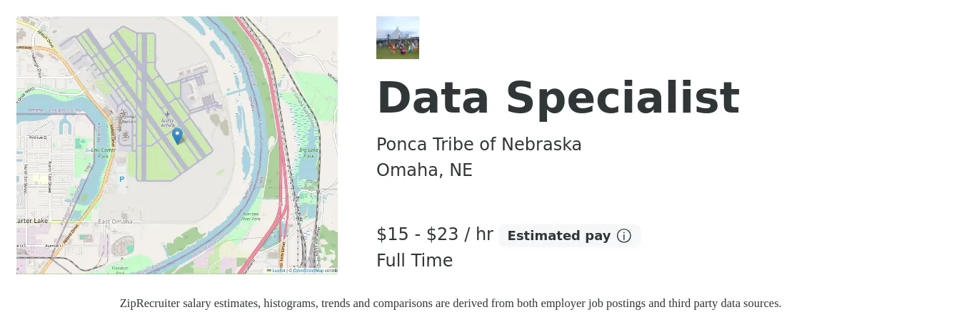 Ponca Tribe of Nebraska job posting for a Data Specialist in Omaha, NE with a salary of $16 to $25 Hourly with a map of Omaha location.