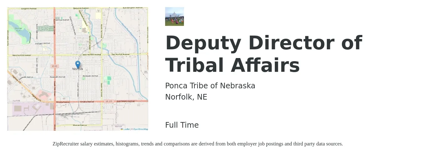 Ponca Tribe of Nebraska job posting for a Deputy Director of Tribal Affairs in Norfolk, NE with a salary of $103,900 to $150,700 Yearly with a map of Norfolk location.