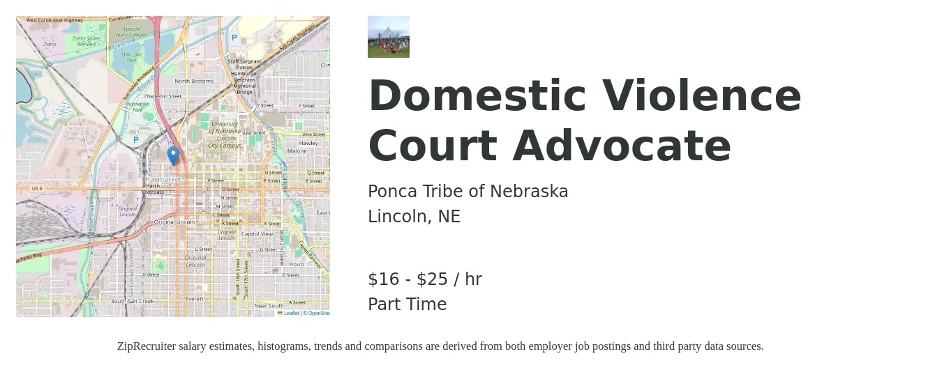 Ponca Tribe of Nebraska job posting for a Domestic Violence Court Advocate in Lincoln, NE with a salary of $18 to $27 Hourly with a map of Lincoln location.