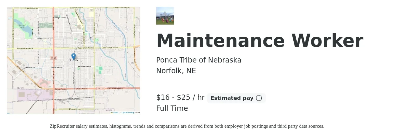 Ponca Tribe of Nebraska job posting for a Maintenance Worker in Norfolk, NE with a salary of $18 to $27 Hourly with a map of Norfolk location.