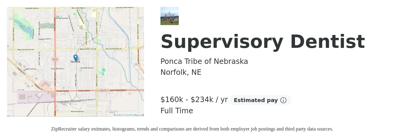 Ponca Tribe of Nebraska job posting for a Supervisory Dentist in Norfolk, NE with a salary of $160,662 to $234,180 Yearly with a map of Norfolk location.