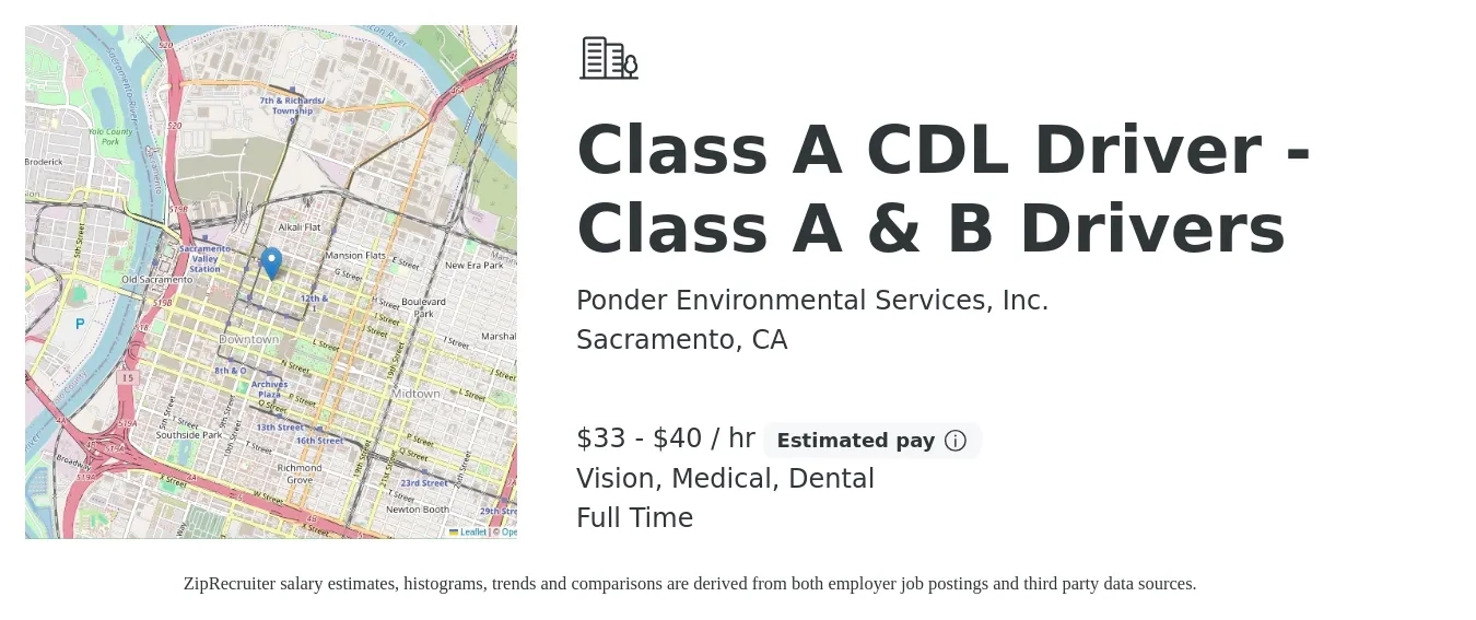 Ponder Environmental Services, Inc. job posting for a Class A CDL Driver - Class A & B Drivers in Sacramento, CA with a salary of $35 to $42 Hourly and benefits including vision, dental, medical, and retirement with a map of Sacramento location.