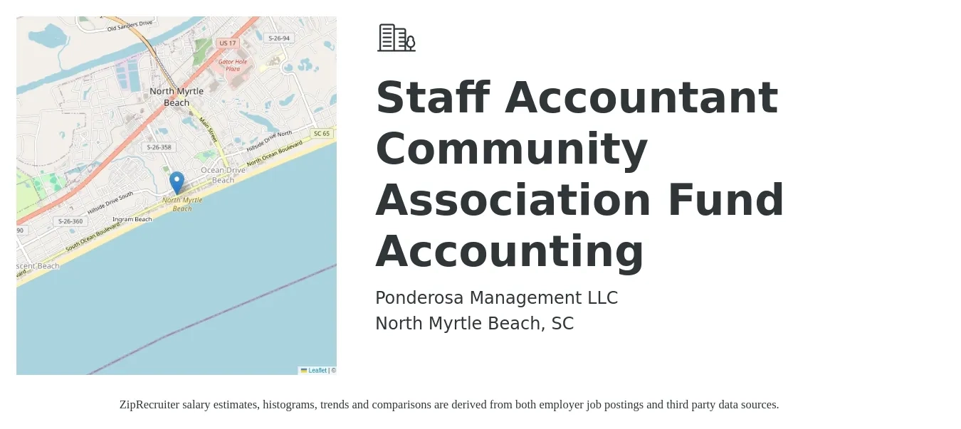 Ponderosa Management LLC job posting for a Staff Accountant - Community Association Fund Accounting in North Myrtle Beach, SC with a salary of $24 to $27 Hourly with a map of North Myrtle Beach location.