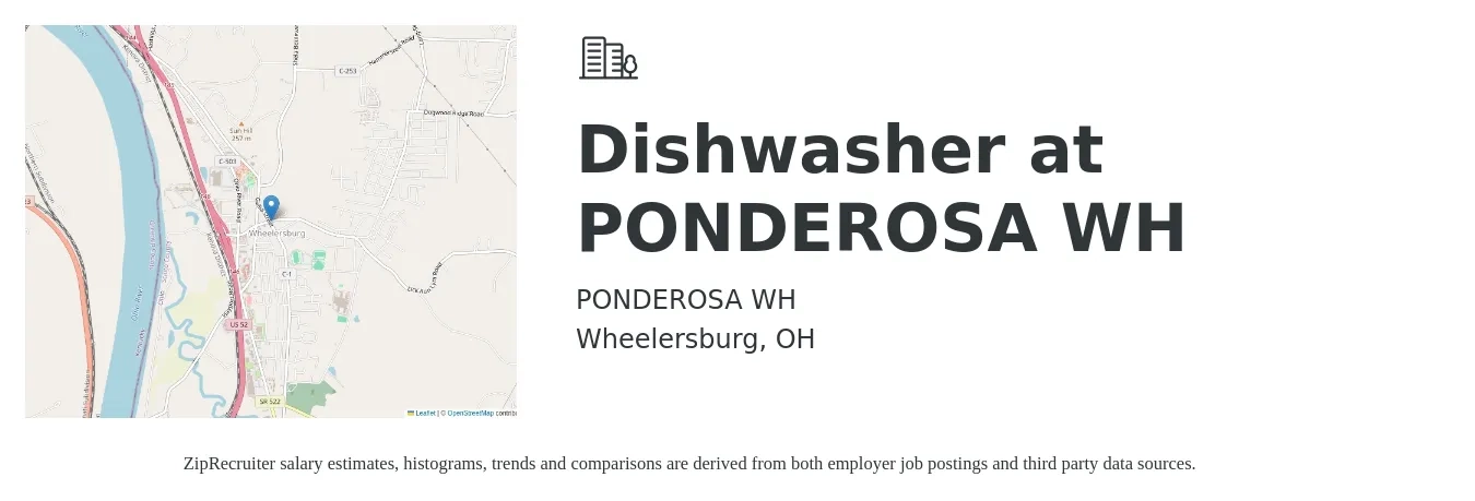 PONDEROSA WH job posting for a Dishwasher at PONDEROSA WH in Wheelersburg, OH with a salary of $10 to $14 Hourly with a map of Wheelersburg location.